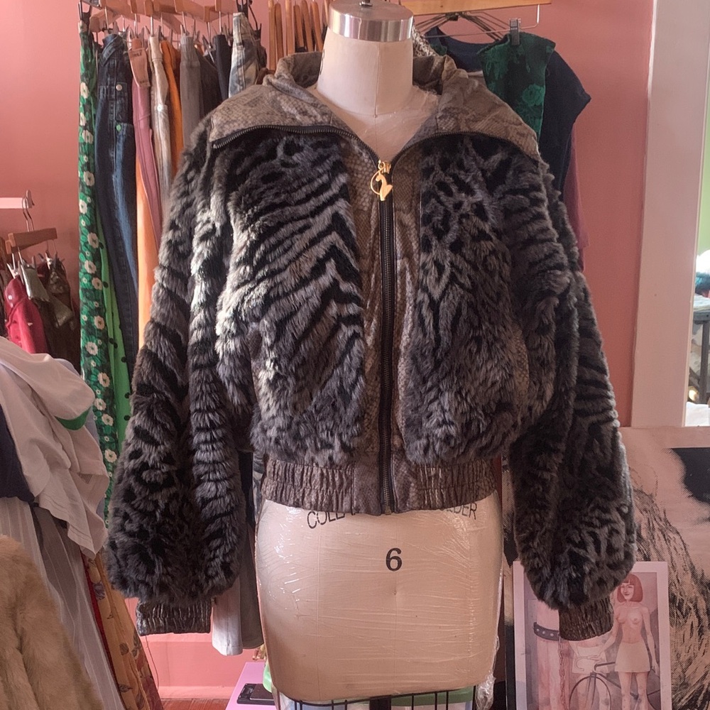 Baby phat Women's Faux Fur Jacket in blue Black and Gray